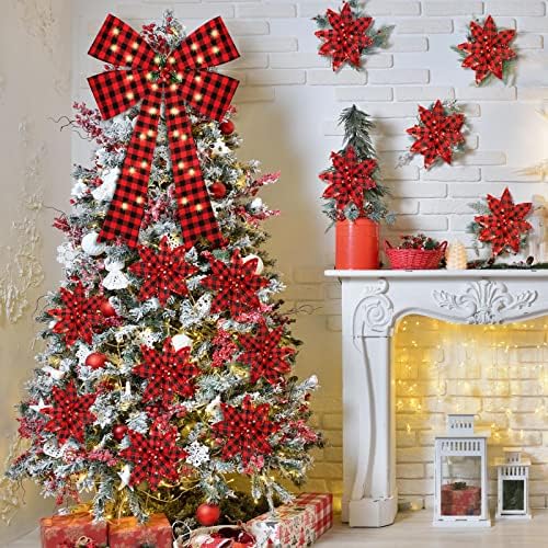 Лък за Коледната елха с Led подсветка Таймер и 12 бр. Коледни цветове коледна звезда за Коледен Венец, Украси за Коледната