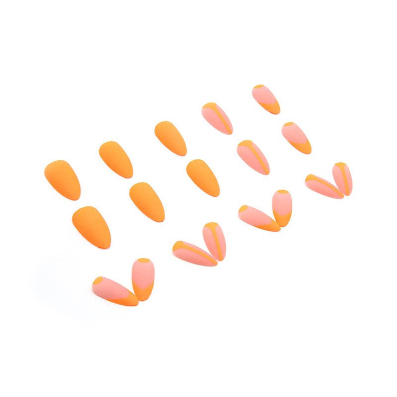 Форма на бадем Натиснете върху ноктите Френски Съвет на Въздушната Ноктите Оранжеви Режийни Ноктите Геометрична Линия с Пълно Покриване на Акрилни Нокти Матиран ?