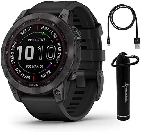 Умни часовници на Garmin Fenix 7 Sapphire Solar Multisport GPS с touch screen, Карбоново-сив DLC Titanium с Черна каишка и носимым захранване на 4u