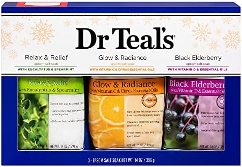 Подаръчен комплект Dr Teal's Английска Salt Variety Pack (Релаксация и освобождаване от эвкалиптом и мента, Блясък с витамин С и цитрусови плодове и черен бъз с витамин D и етер?