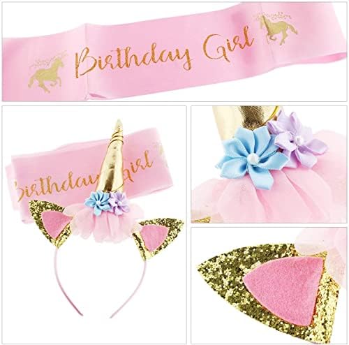 Еднорог, на рождения ден набор от Еднорог лента за глава блясък на злато розов сатен, колан за рожден ден доставка