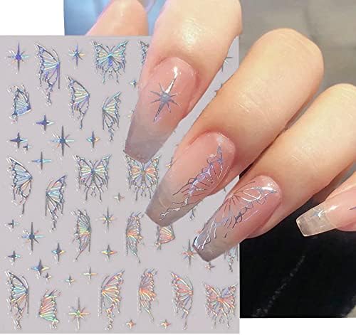 3D Стикери за дизайн на ноктите с пеперуди, Самозалепващи Стикери За Нокти, Лазерни Сребристо-Черни Стикери за нокти с Пеперуди, Метални Стикери за нокти с Пеперуди,