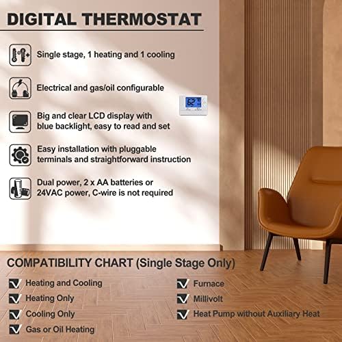 Непрограммируемый Цифров Термостат ELECTECK за дома, 1 Отопление / Охлаждане 1 5,0 кв. м. инчов дисплей, Съвместим с Одноступенчатой електрически и газови-Маслена система