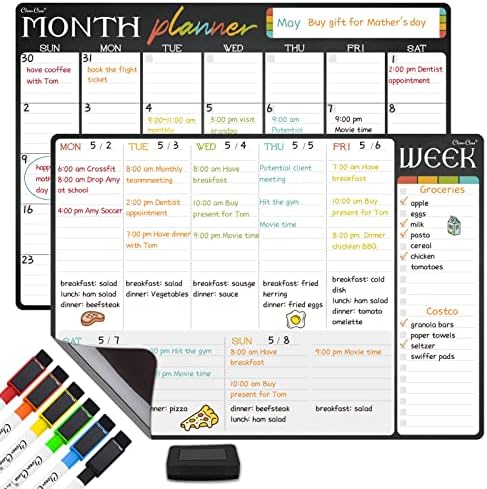 Магнитен Календар за месец и седмица със суха стиранием - 17 x12 Планиране на месец и една седмица за хладилник - пакет 6 маркери повишена точност - Идва плосък