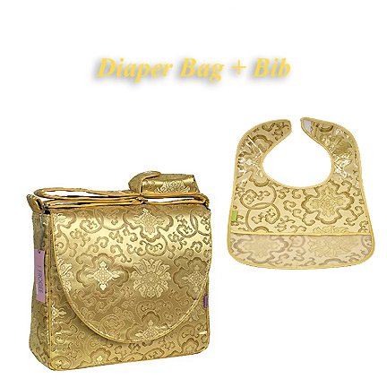 Комплект от Парчовой чанти за памперси I Frogee и нагрудника с Флорални принтом Gold Fortune