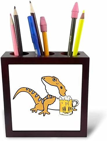 3dRose Забавен Сладък Брадат Дракон Гущер, Пие Бира Карикатура - Поставка за химикалки за плочки (ph-371294-1)