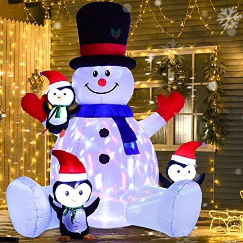 DearHouse 7-Крак Коледен Надуваем Снежен човек с Осветление и Три Мили Пингвини, Въртящи, 7 Цвята, което променя