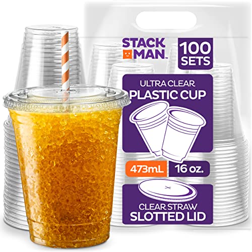 [100 Комплекта - 16 грама.] Прозрачни Пластмасови Чаши със сламен прорезной капак, ПАТ Кристално Чисти за Еднократна употреба