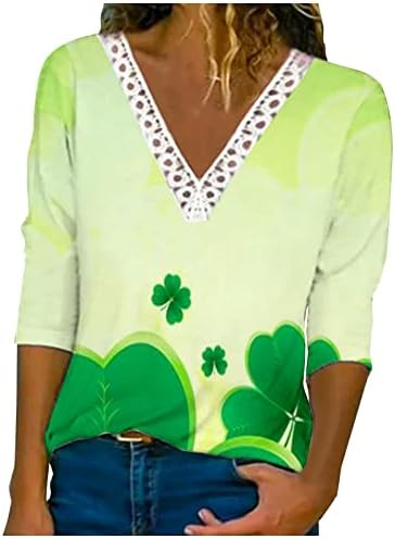 Ризи на Деня на Св. Патрик за Жени, Блузи с Флорални Принтом под формата на Централи, Възли на една Кука, Дантела и Тениски с V-образно деколте и с 3/4 ръкав, Без Пуловер,