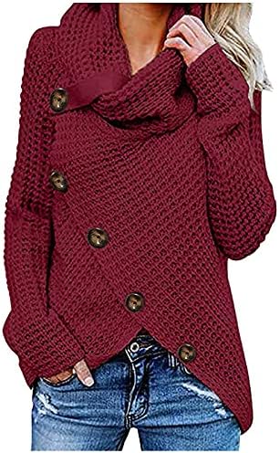 Дамски Пуловери с високо Воротом Оверсайз, Обикновена, Пуловери на по-Дебели Копчета, Върхове С Асиметрични Подолом, Вязаный Пуловер, Зимна Блуза