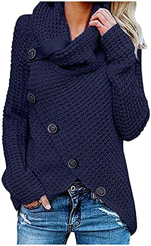 Дамски Пуловери с високо Воротом Оверсайз, Обикновена, Пуловери на по-Дебели Копчета, Върхове С Асиметрични Подолом,