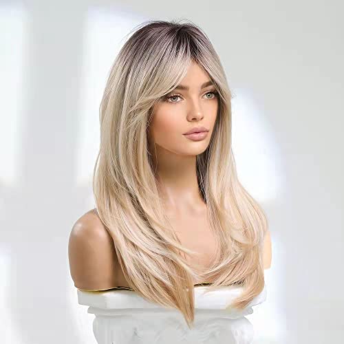 Светла перука Dwzpryc за жени, синтетични перука от естествена коса, перука-превръзка на главата със светло златисто бретон със средна дължина, термостойкое влакна