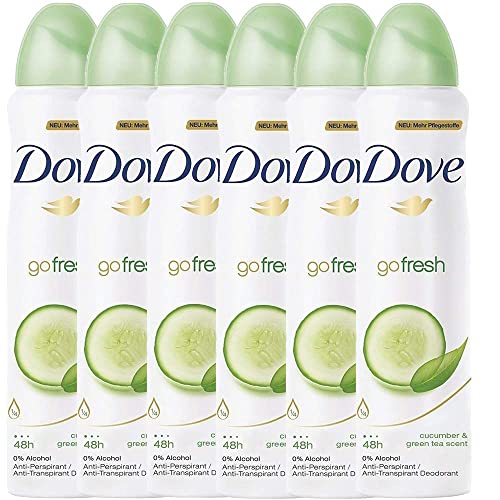 Спрей против изпотяване Dove 48 Hours За тяло, Дезодорант Go Fresh Cucumber & Green Tea, 6 Опаковки по 150 мл / 5 течни