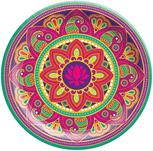 Цветна украса за индийската парти в стил Rangoli - Покритие на масата, Чинии и Салфетки за 16 гости с Rangoli, Lotus и