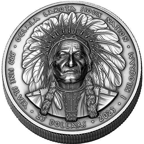 2023 DE Вождът на индианците PowerCoin Седнала Бик 1 Кг Килограм Сребърна монета 25 $ Народ Сие 2023 Антични Гарнитури