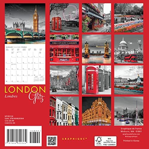 Мини-Стенен календар Graphique 2024 London Glitz | 7 x 7 | Плътна хартия | Органайзер за дома и офиса | Голяма месечна