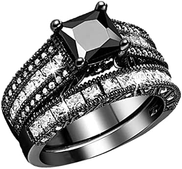 2023 Ново дамско винтажное черен пръстен 2 в 1, годежен пръстен с диамант, набор от сменяеми халки (черен, 10)