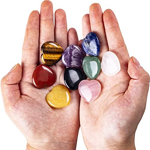 Комплект от 9 Камъни във формата на Сърце с Чакра| 1Естествени Полирани Буйни Лечебни Кристали, Скъпоценен Камък