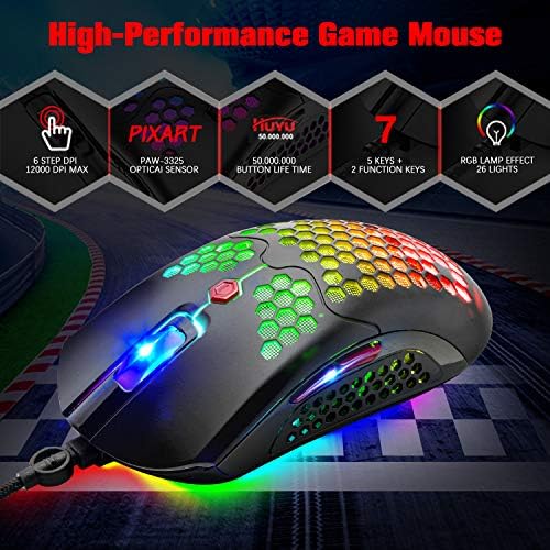 Жичен лека детска мишката MAMBASNAKE 65G, 26 игрални USB мишки с RGB подсветка и програмируем движеща сила на 7 бутона, PAW3325 12000 точки на инч, с ергономичен сверхлегким мобилен к