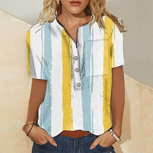 Дамски Летни Блузи, Ежедневни Ризи с кръгло деколте в Ивица и Къс Ръкав Копчета Върхове с Джоб
