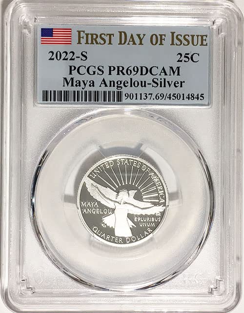 Носителка на сребърен медал от 2022 г. Американската дамски Четвъртфиналите Мая Angelou Четвъртфиналите PR 69 DCAM Първия ден на издаване на Етикета PCGS