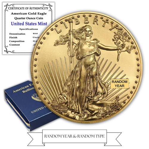 1986 - до Момента (Случаен година) Монета American Gold Eagle тежи 1/4 унция, Лъскава, без да се прибягва (тип 1 или тип 2) в оригиналната кутия, Монетен двор на САЩ със сертификат за