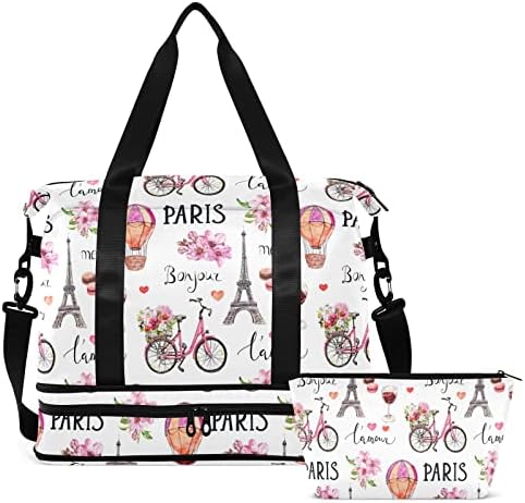 Спортна чанта с цветя модел в парижки стил за Жени, Мъже Пътна Спортна чанта с Отделение за обувки, Чанта за седмица