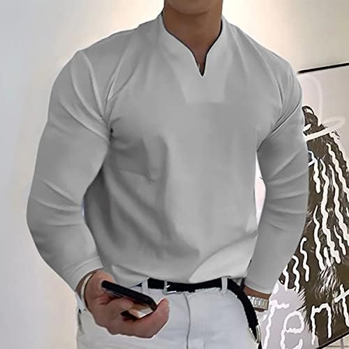 WOCACHI, Мъжки Ризи Henley с V-образно деколте и дълъг ръкав, 2023, Облегающая бизнес Ежедневни тениска, леки Блузи без яка
