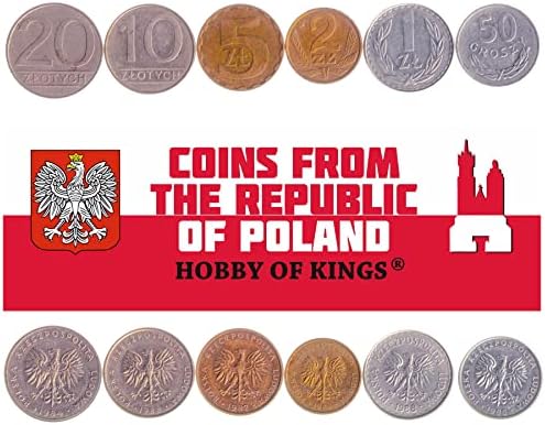 6 Монети от Полша | Колекцията Полски монети 50 пари 1 2 5 10 20 злоти | В обращение 1984-1988 | Бял Коронован орел