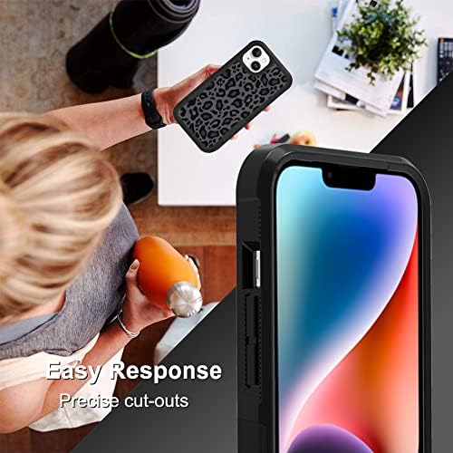 TEAUGHT е Съвместим с калъф iPhone 14 Plus с хубав модел черен Леопард + Защитно фолио за екрана, сверхпрочный устойчив на