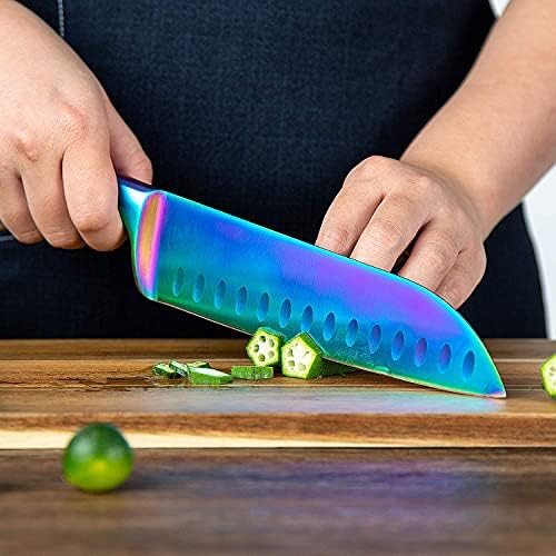Комплект Кухненски Ножове WELLSTAR Rainbow от 9 теми, Ножове готвач Сантоку за почистване на зеленчуци и 6 Зазубренных Ножове за Стек, Набор от Ножове От Неръждаема Стомана