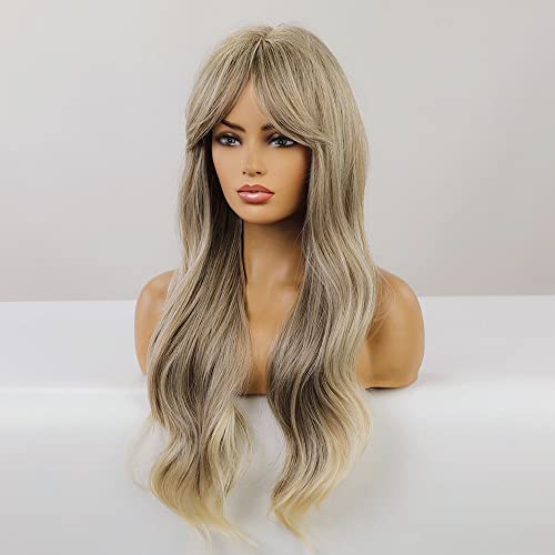 USDRYX Сива перука, дълги къдрави перуки за жени, натурален сив перука омбре с бретон, топлоустойчива коса от синтетични