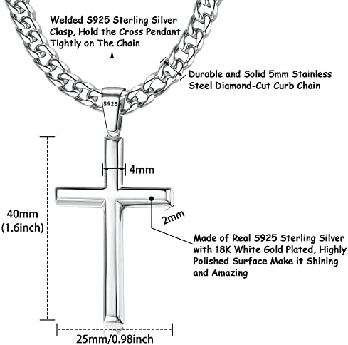 Milacolato Колие с отложено във формата на кръст от Сребро 925 Проба за мъже и жени с 5 мм и солидна верига от неръждаема