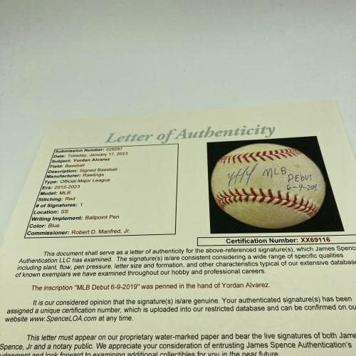 Йордан Алварес Дебютира в МЕЙДЖЪР лийг бейзбол 6-9-19 С автограф на Използваната игра на Бейзбол JSA COA - MLB Използвани