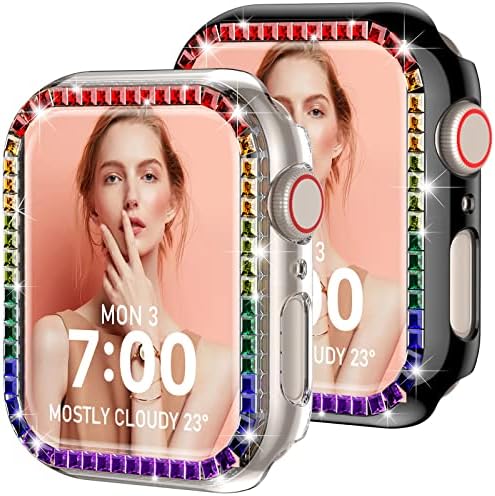 Уникален калъф за Apple Watch 44 мм серия 6/5/4/SE 2022, Многоцветен калъф iWatch Edge с пайети [Без защитно фолио за екрана], Подмяна на защитна броня с кристали и тромаво блясък, (про