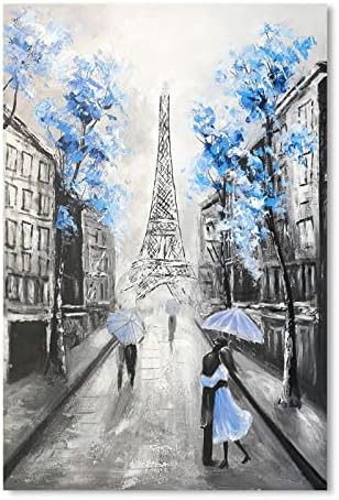 YPY Абстрактен Париж Платно Стенно Изкуство: Черно-Бяла Снимка с Айфеловата Кула за декор Хол, Синьо-Сива Ръчно Рисувани Текстурирани Живопис с маслени Бои Голямо Съ