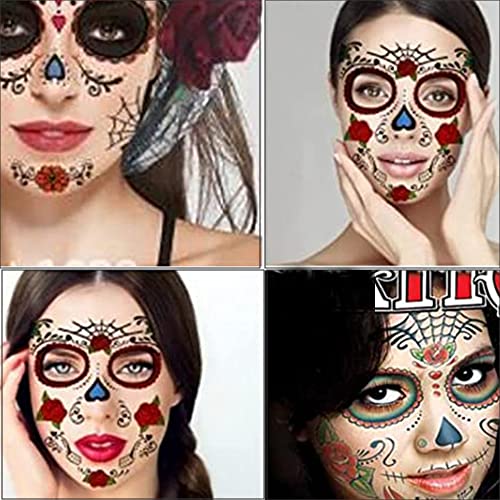 6 Опаковки Цветен Ден на мъртвите Захарен Череп Временни Татуировки за Лицето Хелоуин Грим Татуировки Декор Етикети за