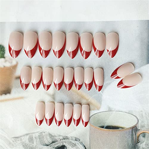 Коледа е червен френски външен маникюр, пълно покритие, кратък бадем натиснете върху нокти с лепило за дизайн на ноктите,