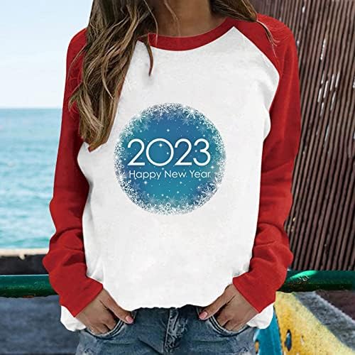 2023 Пуловер с открити Рамене, Топ за Жени, Модни Блуза с Цветен Блок, Тениски с Кръгло Деколте и Дълъг Ръкав,