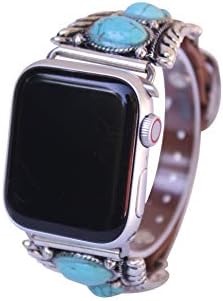 38 мм, 40 мм 41 мм, съвместим с намалени версии на Apple Watch серия 8,7,6,5,4 и SE, каишка от изкуствена тюркоаз кожата западна дизайн № 9 от естествена кожа