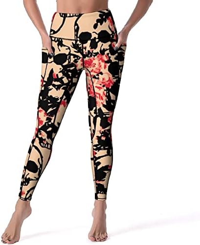 Дамски панталони за Йога с висока Талия в стил ретро с Черепа и Цветен Модел и Тренировочными Гамаши с Джобове