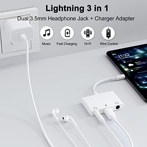 UWECAN Адаптер за слушалки за iPhone 3 в 1 Двойна 3,5 мм Жак за слушалки и Aux + Адаптер за зарядно устройство, Сплитер кабел, Съвместим с iPhone 14/13 / 12/11/ X/ 8/ iPad - Поддържа всички iOS