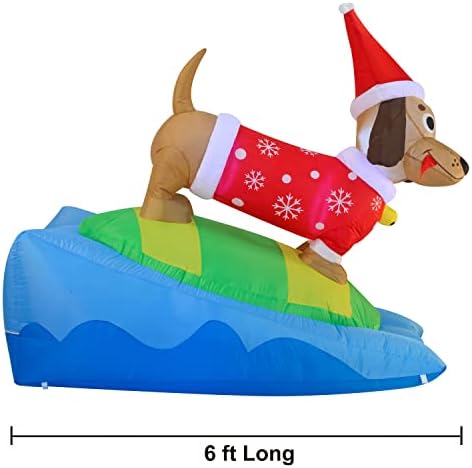 Joiedomi Коледна Надуваема куче-вайнер дължина от 6 фута, самостоятелно помпане на Сноуборд с куче-Вайнером, Коледна Надуваема с вградени светодиоди Надуваеми играчки