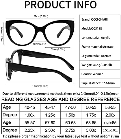 OCCI CHIARI Очила Котешко око за Жени 3,0+ Дизайнерски Ридеры (1,0 1,5 2,0 2,5 3,0 3,5) с прозрачни лещи