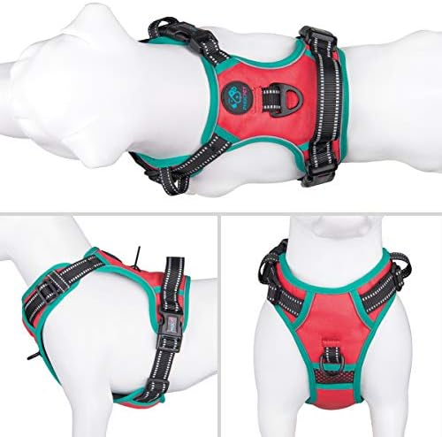 PHOEPET 2019 Обновена шлейка за кучета без напрежение, Отразяваща Регулируема жилетка, с дръжка за дресура + 2 метални куки за каишка + 3 с + 4 Плъзгащи ключалката (S, червен)