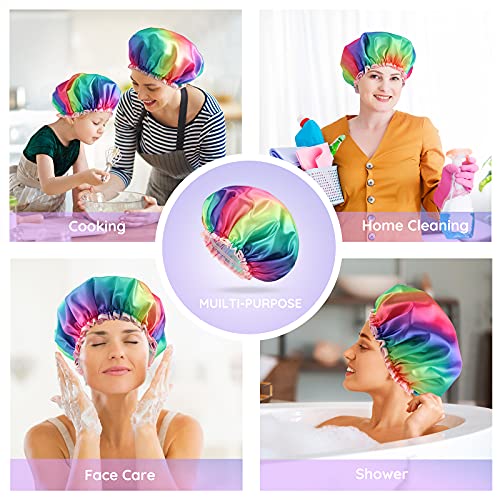 Шапка за душ mikimini за жени с дълги коси, Двупластова Водоустойчив, Големи размери, Множество, Моющаяся, Без мирис, Дъгова Модерна Шапка за душ X-Large (опаковка от 1) Rainbow