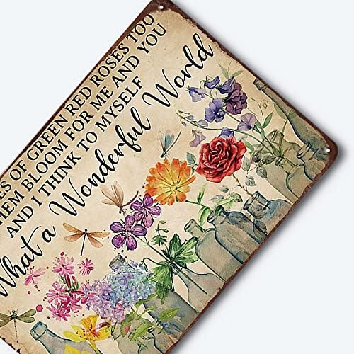 Метална Лидице Табела с Стрекозой и цветя, Какъв прекрасен свят, виждам, Дървета зелени, Червени Рози, Твърде