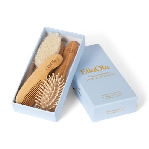 Комплект четки за коса и гребен от естествен бамбук EllaOla Baby | Комплект от 3 теми Включва четка за люлка от върбови козина, с ултра мека четка, масажното четка за коса и