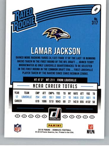 2018 Donruss #317 Ламар Джаксън RC Новобранец Рейвънс Рейтинг Търговска картичка начинаещи по футбол
