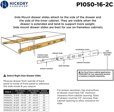 Комплект водачи за чекмеджета Hickory Hardware P1050/16-2C с шариковым подшипником Full Ext 16 с кадмиевым покритие (2 опаковки),